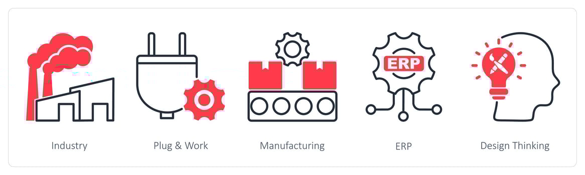 A set of 5 Industrial icons as industry, plug and work, manufacturing vector