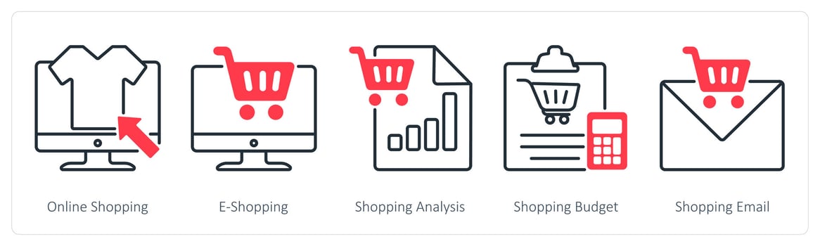 A set of 5 Shopping icons as online shopping, e-shopping, shopping analysis vector