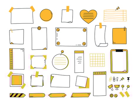 Doodle paper notes set in yellow color. Paper sheets, stickers, notepads and pins. For to do list and memo. illustration vector