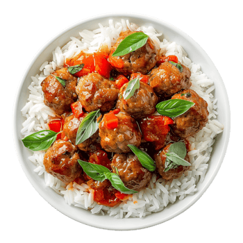 Meat Balls with White Rice in a Bowl on Transparent Background png