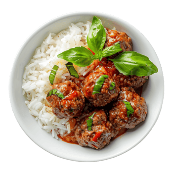 Meat Balls with White Rice in a Bowl on Transparent Background png