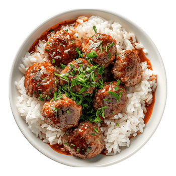Meat Balls with White Rice in a Bowl on Transparent Background png