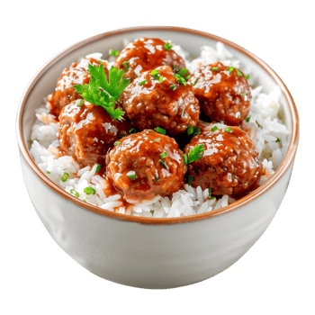Meat Balls with White Rice in a Bowl on Transparent Background png