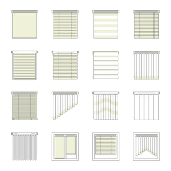 Window Blind, Curtain and Jalousie Thin Line Icon Set vector