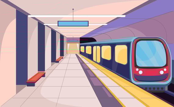 Cartoon Color Subway Station Interior Inside Scene Concept. vector