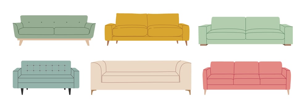 Set of trendy scandinavian sofas and couches. Modern, comfortable soft furniture collection for cozy home design. Colorful flat illustration isolated on white background. vector