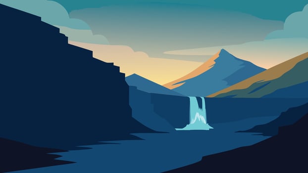 Gorgeous morning scene of Mulafossur Waterfall. Amazinf summer view of Vagar island, Faroe Islands, Denmark, Europe flat illustration vector