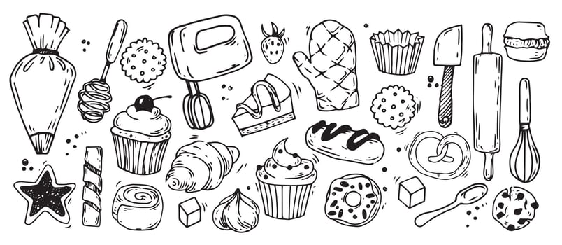 cute set of elements on the theme of baking, confectionery. doodle illustration with desserts, cakes and cooking tools vector