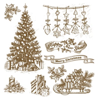 Christmas elements by hand drawn. in vintage style vector