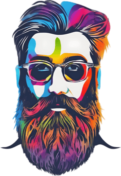 Rainbow-hued full beard adorns man's expressive face. AI-generated. png