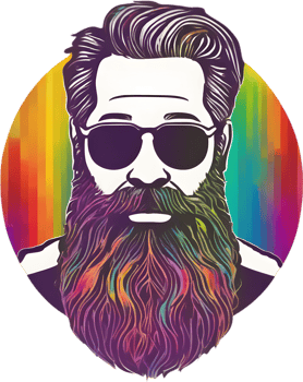 Rainbow-hued full beard adorns man's expressive face. AI-generated. png
