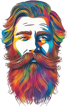 Rainbow-hued full beard adorns man's expressive face. AI-generated. png