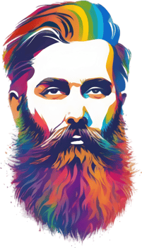 Rainbow-hued full beard adorns man's expressive face. AI-generated. png