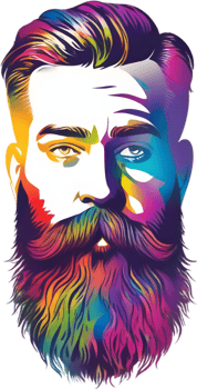 Rainbow-hued full beard adorns man's expressive face. AI-generated. png