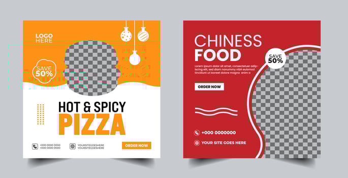Food social media banner design template. Burger social media post banner. delicious fast food burger pizza social media marketing banner Square size. vector