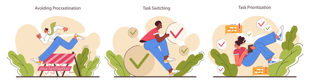 Multitasking set. Effective and competent office worker time vector