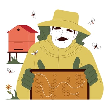 Beekeeping. Senior man in a suit harvesting honey. Old man farmer beekeeper vector