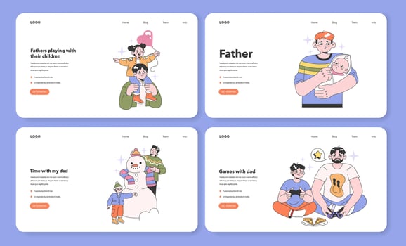 Father and children relationships web banner or landing page set. vector