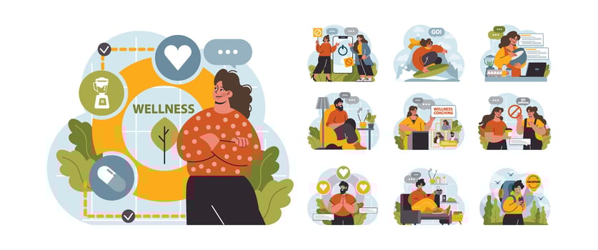 Modern wellbeing practice set. Slow, mindful and sustainable living. Urban vector