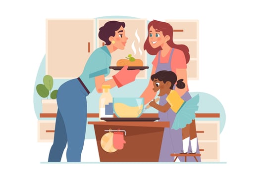 Cute homosexual lesbian couple with child making dinner at the kitchen. vector