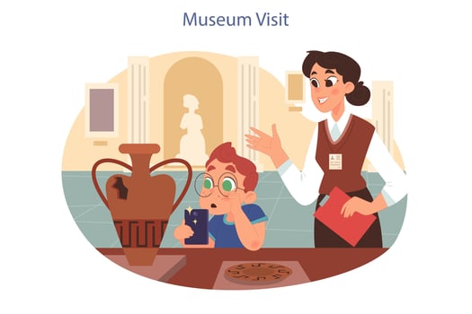 School museum visit. Students studying history and natural science at extracurricular vector
