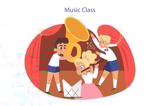 Music school or class. Students learn to play music. Young musician playing vector