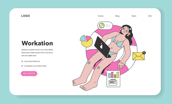 Workcation web banner or landing page. Chatacter working away from the office. vector