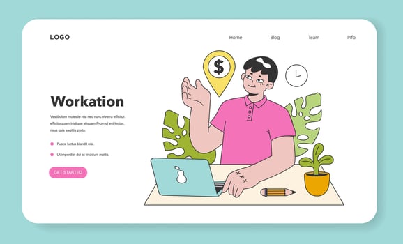 Workcation web banner or landing page. Chatacter working away from the office. vector