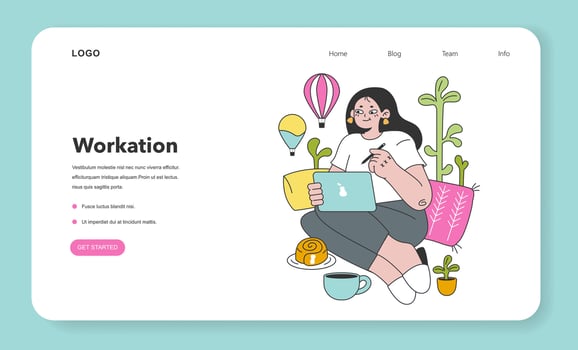Workcation web banner or landing page. Chatacter working away from the office. vector