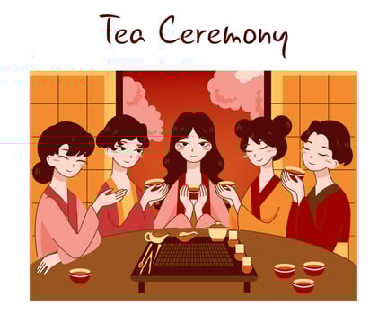 Tea ceremony. Japanese people preparing and drinking tea at kotatsu vector
