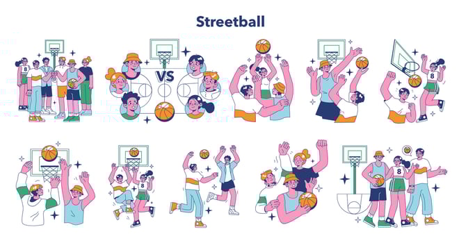 Streetball game set. Team players play basketball outside. Teen or young vector