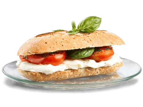 Sandwich caprese with fresh mozzarella basil and tomatoes on ciabatta served on a transparent glass png