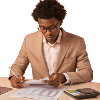 Businessman reviewing financial documents and calculations with a pen on a transparent background png