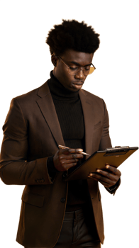 Focused professional reviewing documents on a clipboard with pen on transparent background png