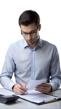 Businessman reviewing financial documents and performing calculations on a transparent background png
