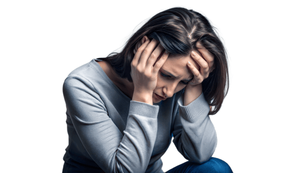 Depressed woman feeling sad and stressed holding her head with hands on transparent background png