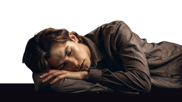 Person feeling tired and sleepy resting on a pillow with a transparent background png