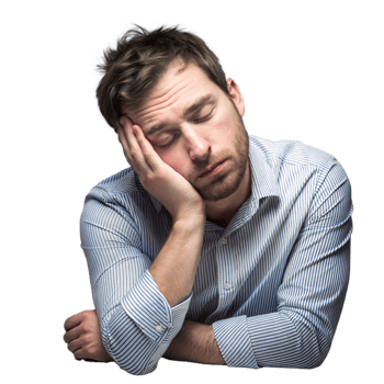 Tired person feeling sleepy with head on hand on transparent background png