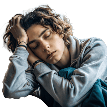 Person feeling tired and sleepy, resting on a pillow with a transparent background png