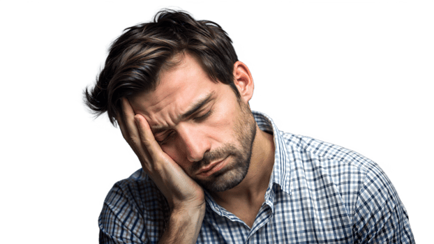 Tired man feeling sleepy in office attire with transparent background png