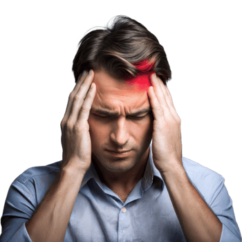 Man holding head in pain illustrating headache or stress on transparent background png