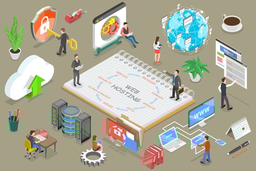 3D Isometric Flat Conceptual Illustration of Web Hosting. vector