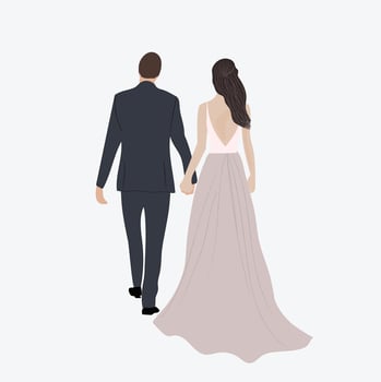 wedding couple character holding hands illustration, just married, bride and groom portrait for wedding invite vector
