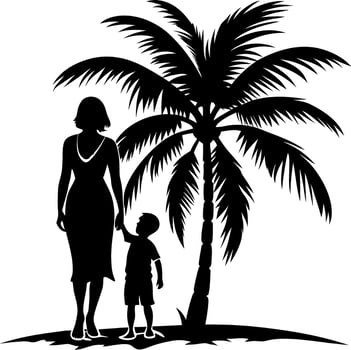 A woman and a child are walking on a beach next to a palm tree vector