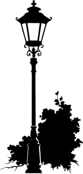 A black and white drawing of a street lamp with a bush in front of it vector