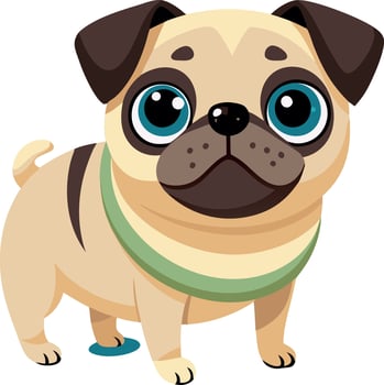 Cute cartoon pug illustration with big expressive eyes and a green collar vector