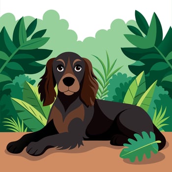 Illustration of a relaxed dog lying in a lush green garden surrounded by large tropical plants vector