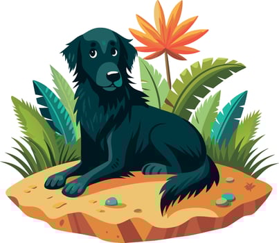 Illustration of a black dog sitting on a rock surrounded by tropical plants and leaves vector