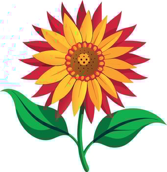 Bright and colorful illustration of a sunflower with green leaves on a white background vector