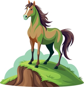 Majestic cartoon horse standing proudly on a grassy hill illustration vector